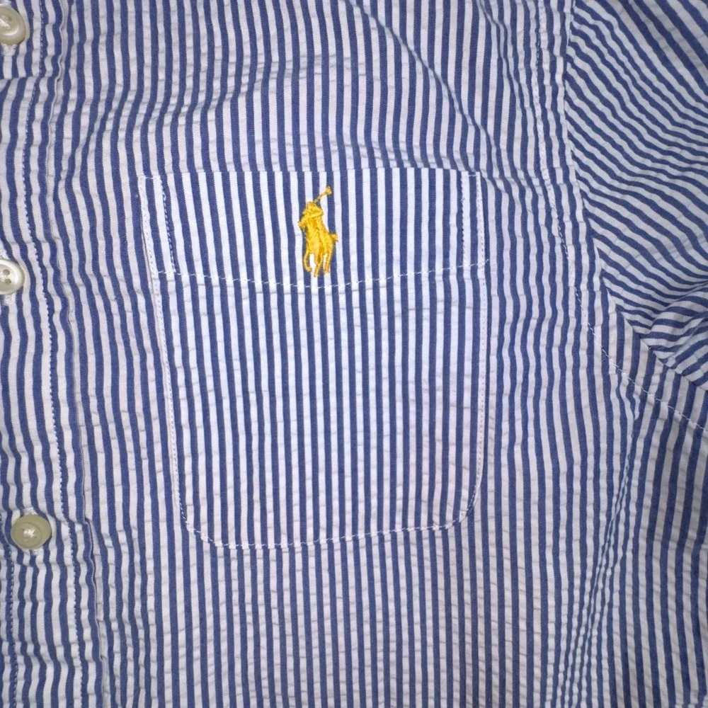 Ralph Lauren Button Down Shirt Boys M 10-12 Blue White Striped Seersucker Pony